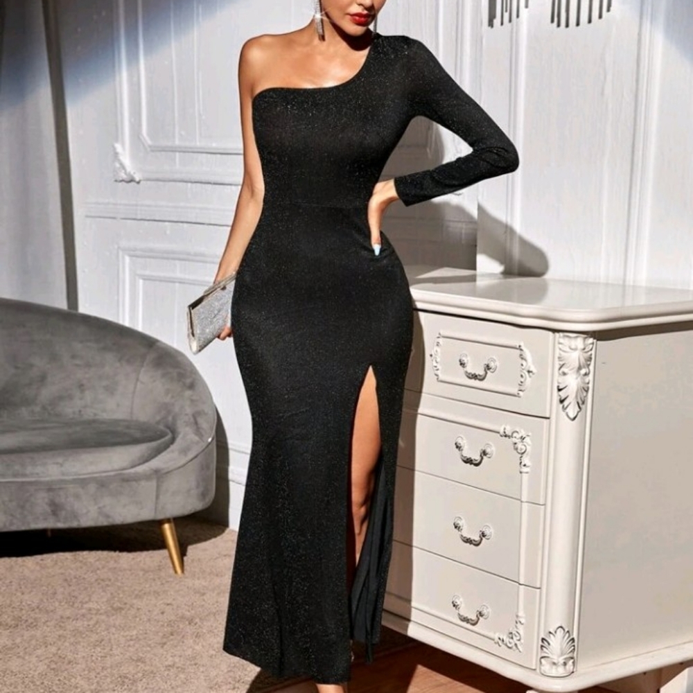 Black one shoulder midi dress